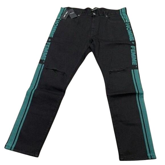 Homme + Femme Black Green Stripe Tesla Jeans Slim Fit, Unisex 28, New with Tag - Picture 2 of 11